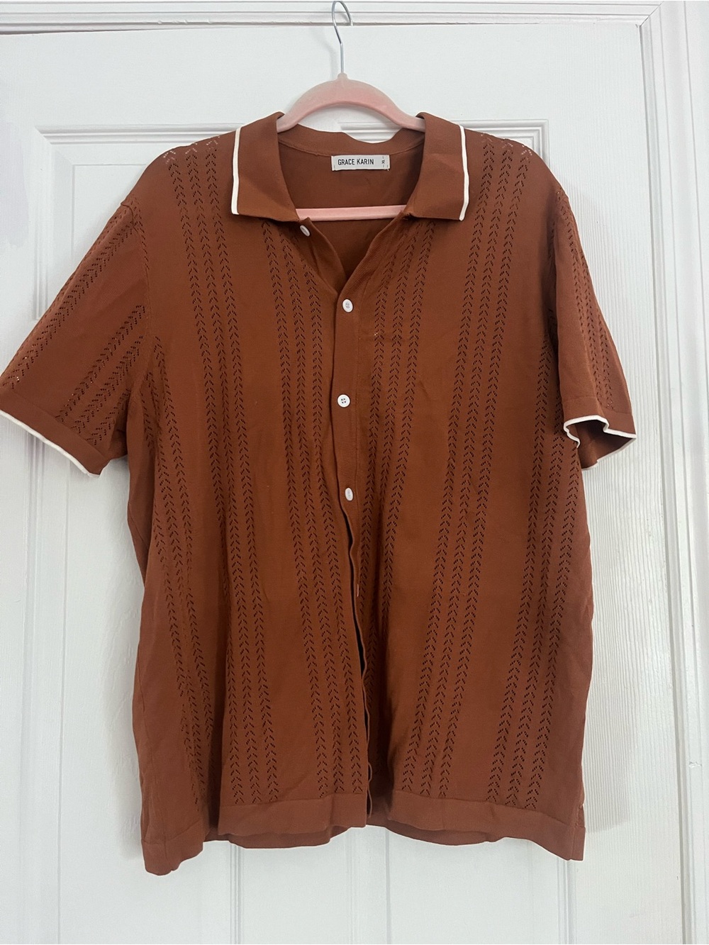 Grace Karin Men's Short-Sleeve Button-Front Shirt - Brown with White Trim
